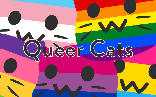 Collage of five queer cats with the text Queer Cats overlaid